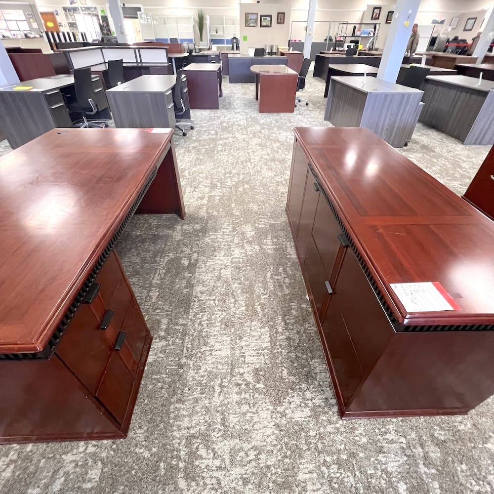 cherry veneer executive desk set with credenza, used office furniture