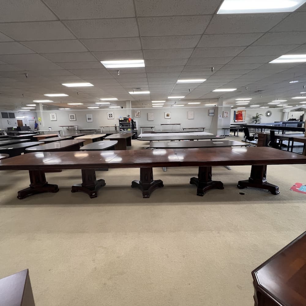 mahogany veneer rectangle conference table, 19 ft long 244", used executive office furniture, traditional pedestal base, inlays