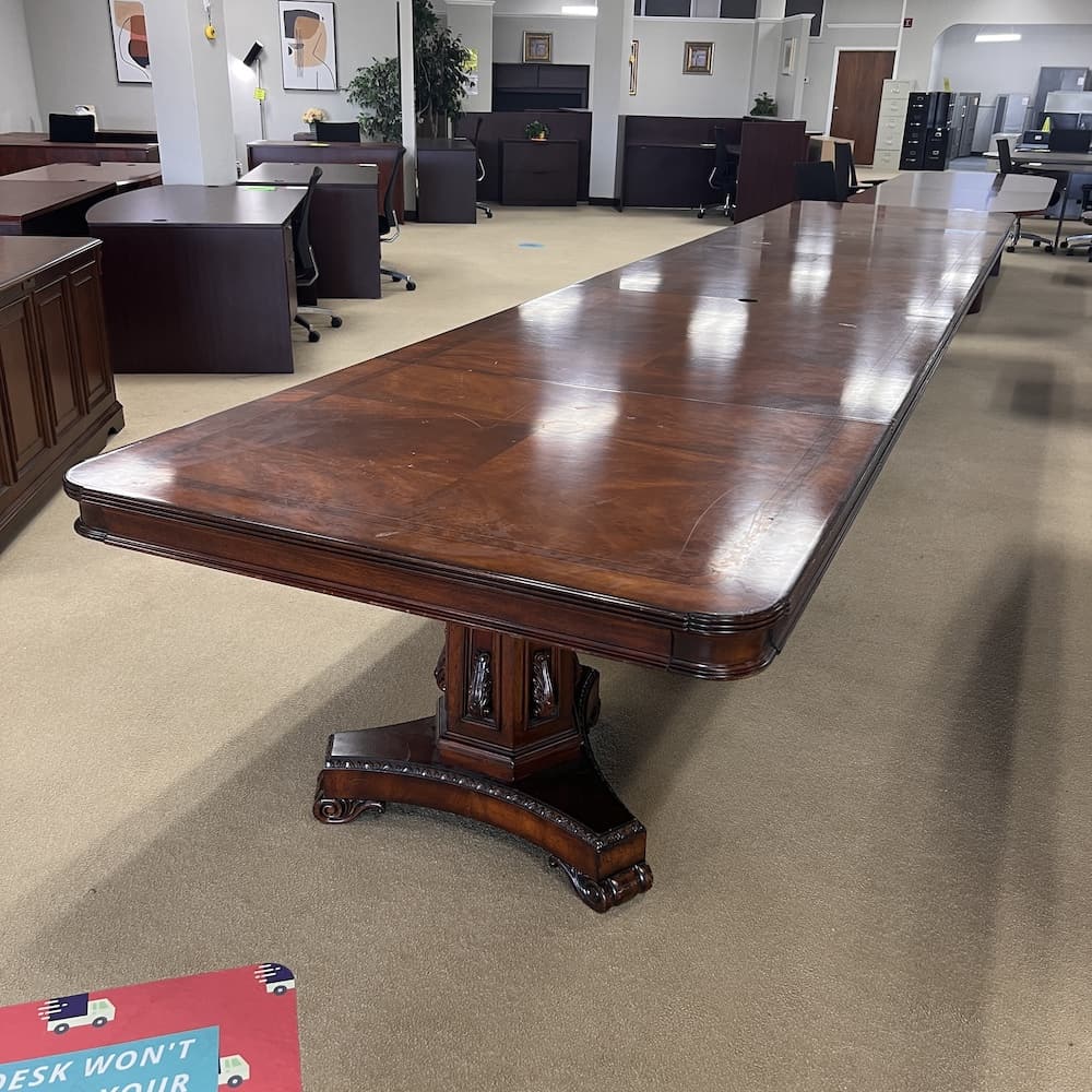 mahogany veneer rectangle conference table, 19 ft long 244", used executive office furniture, traditional pedestal base, inlays