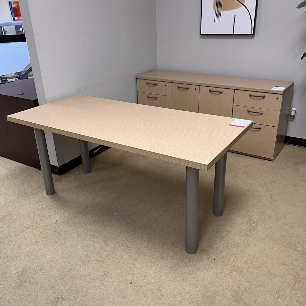 maple desk table set with credenza storage cabinet, silver pulls, used office furniture, national office furniture, commercial furniture