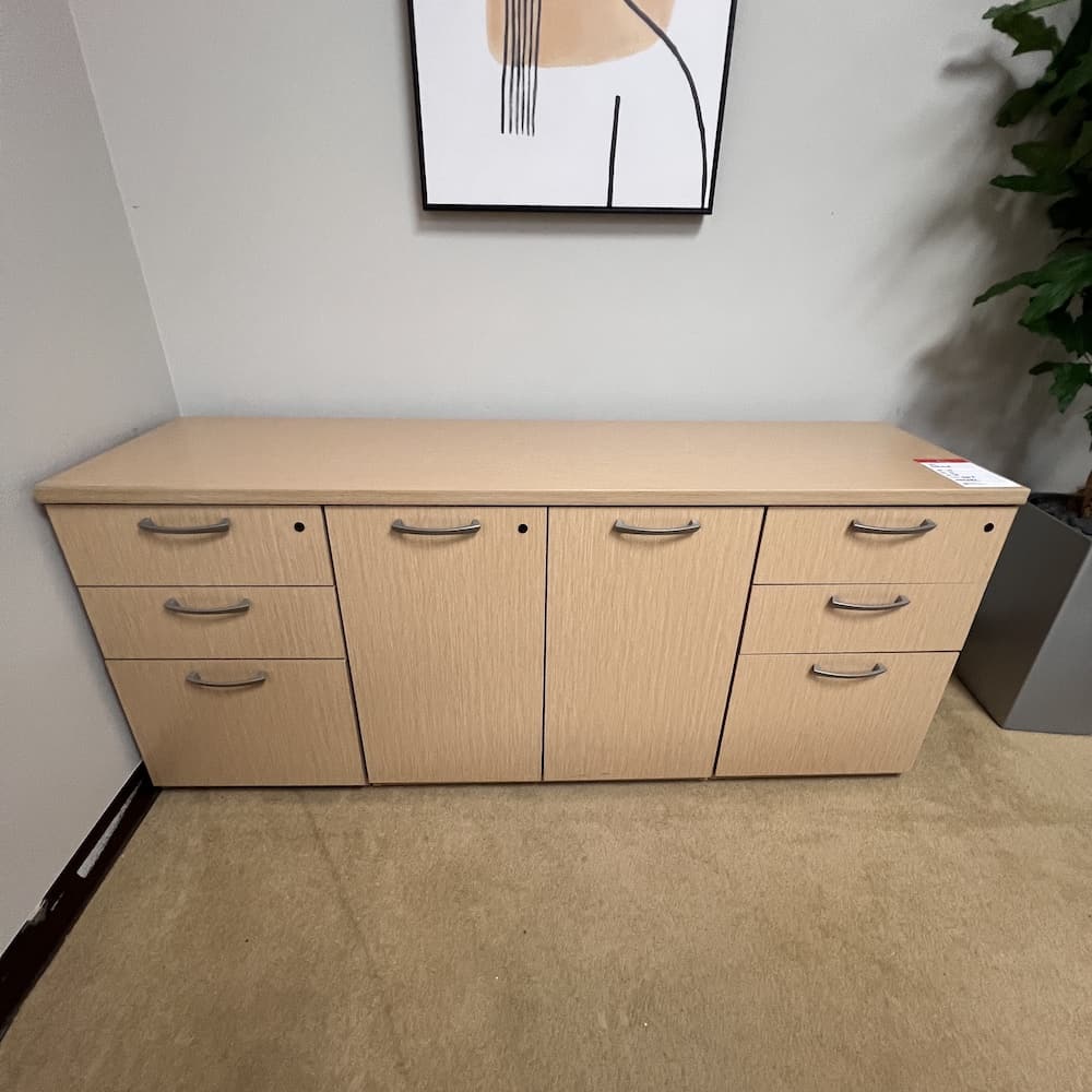 maple desk table set with credenza storage cabinet, silver pulls, used office furniture, national office furniture, commercial furniture