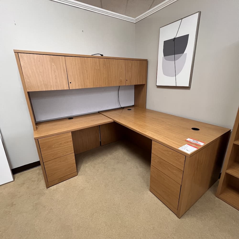 oak honey laminate hon l-desk left return with hutch, used office furniture