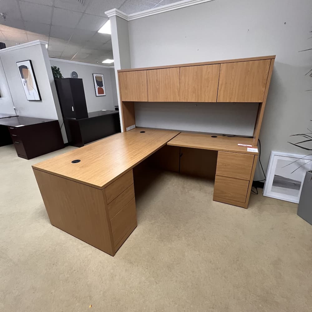 oak honey laminate hon l-desk right return with hutch, used office furniture