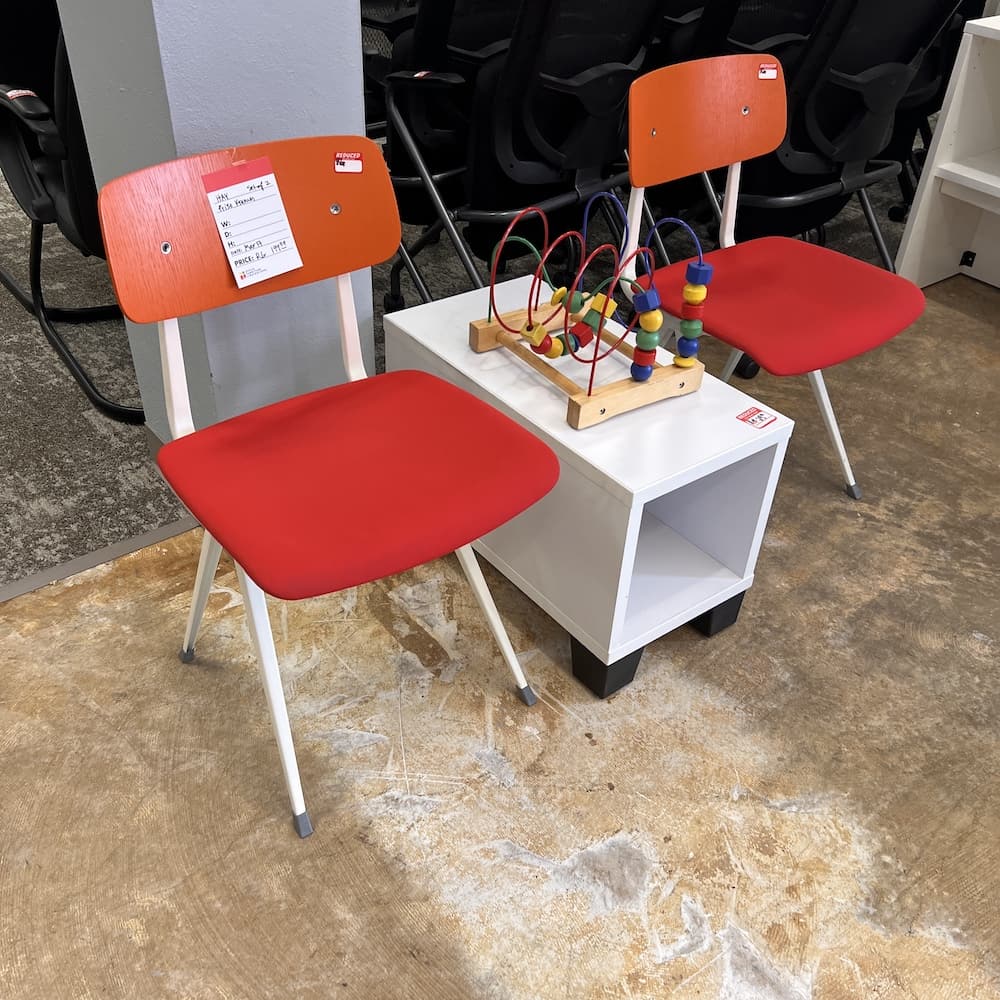 red and orange HAY result chairs by designer Friso Kramer, made in Norway. Used seating, Used office furniture