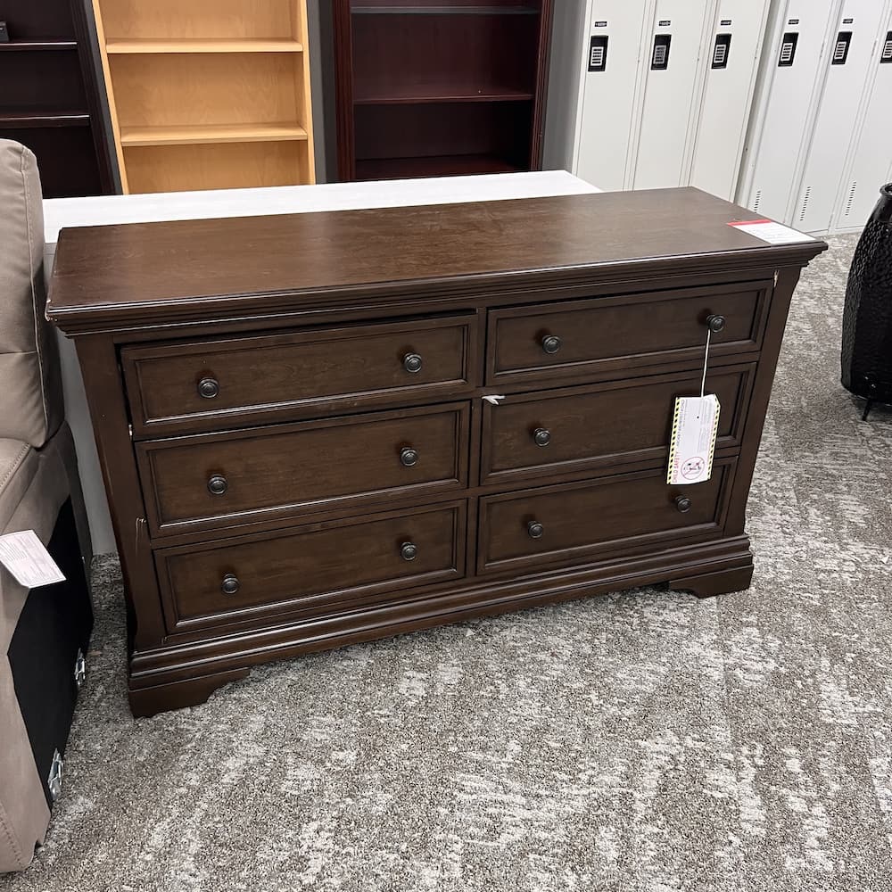 6 drawer dresser, brown walnut veneer, scratch n dent home furniture, open box