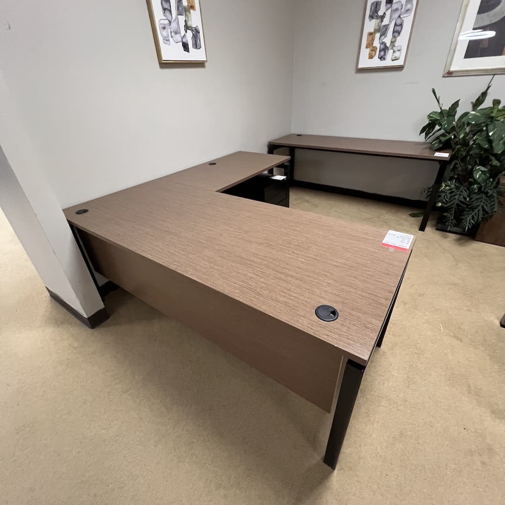 walnut and black table l-desk with rolling pedestal box box file cabinet, credenza desk shell set, used office furniture