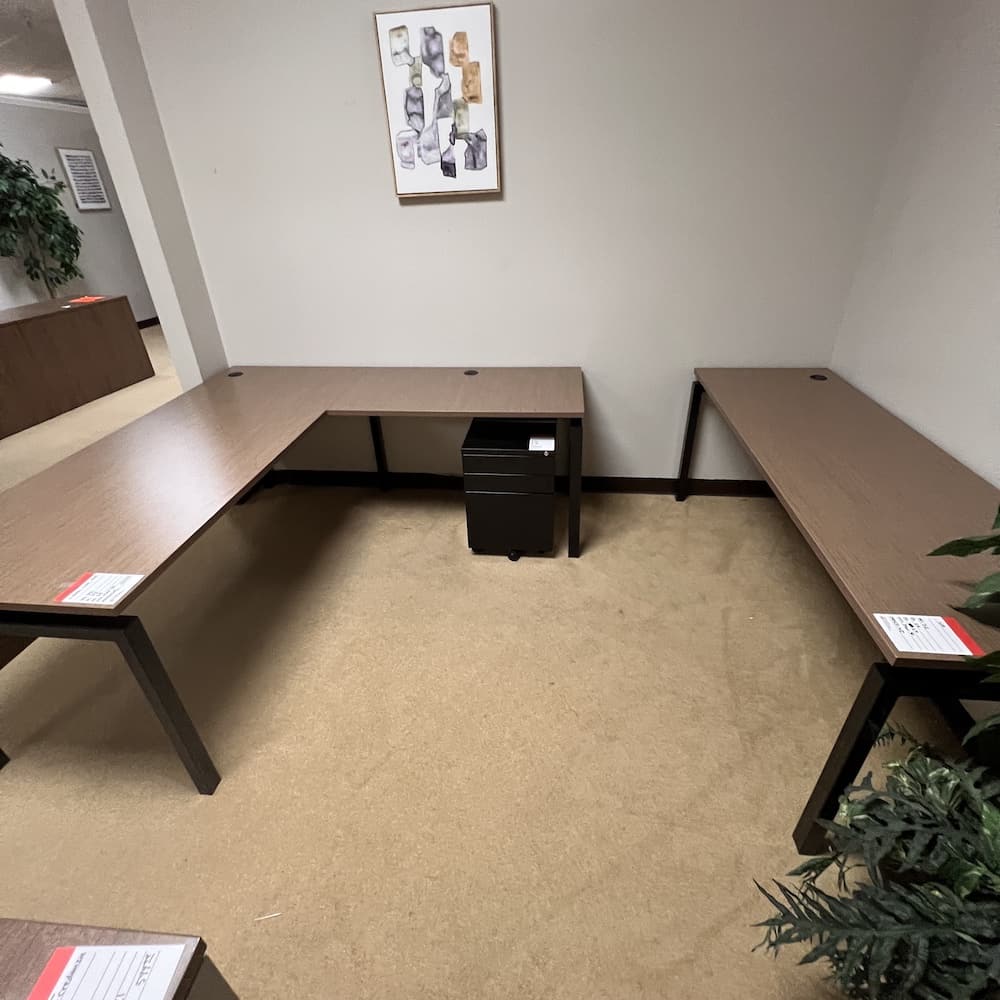 walnut and black table l-desk with rolling pedestal box box file cabinet, credenza desk shell set, used office furniture