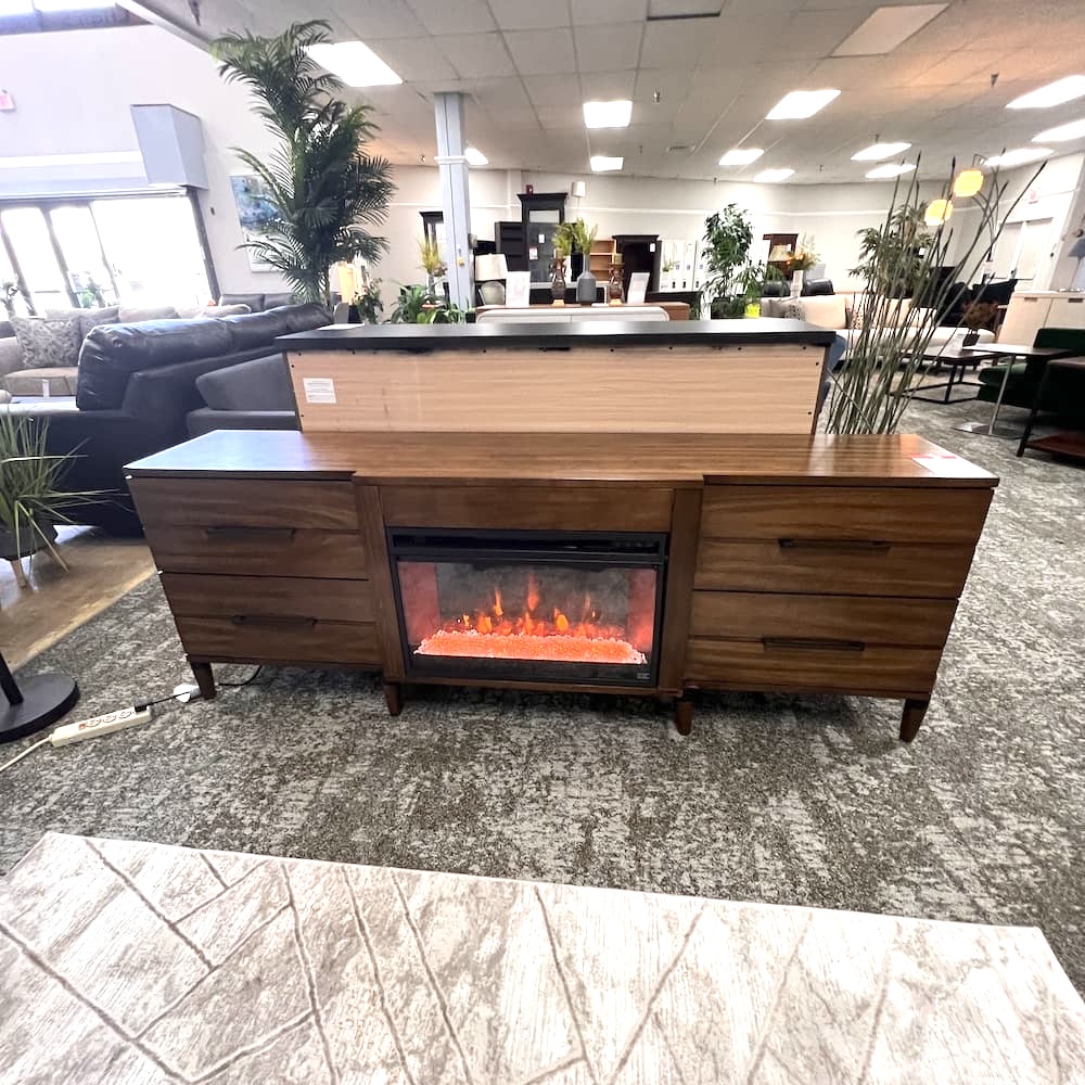 walnut credenza console with electric fireplace insert, open box home furniture