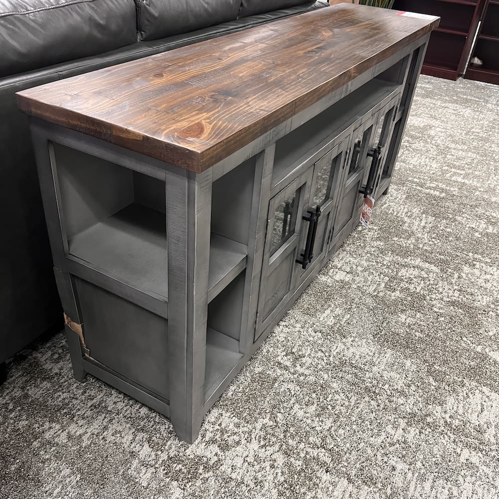 grey and walnut buffet credenza with 4 doors, scratch n dent home good, used furniture