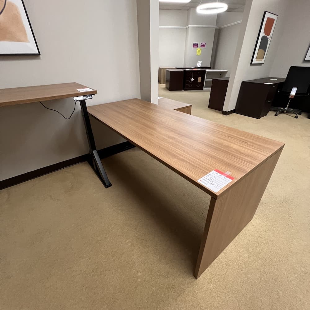 set for your office: walnut laminate desk shell, height adjustable standing desk, wardrobe storage cabinet, lateral file combo cabinet, used office furniture, global brand