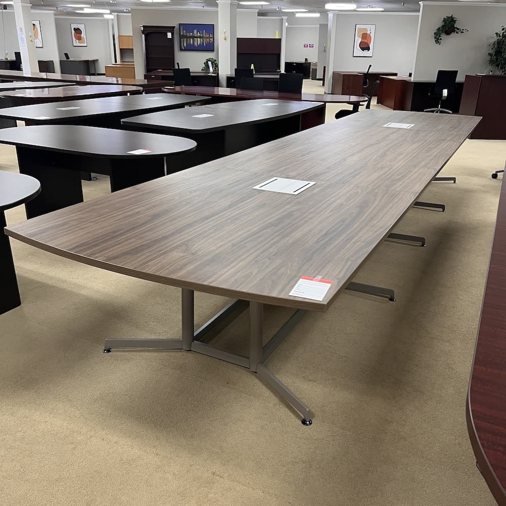 16 ft laminate walnut conference table, grey taupe metal base, Kimball commercial brand, used office furniture
