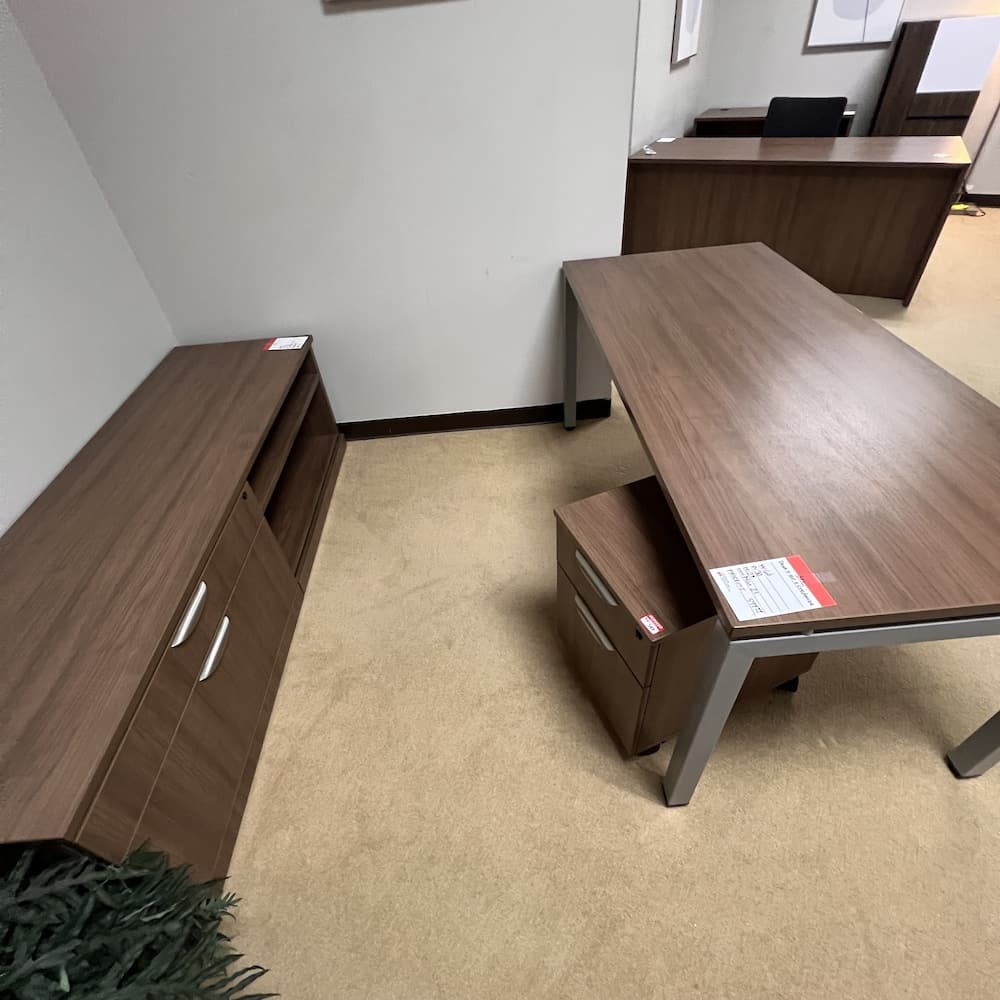 walnut performance laminate desk set with credenza, rolling box/file vertical pedestal, used office furniture