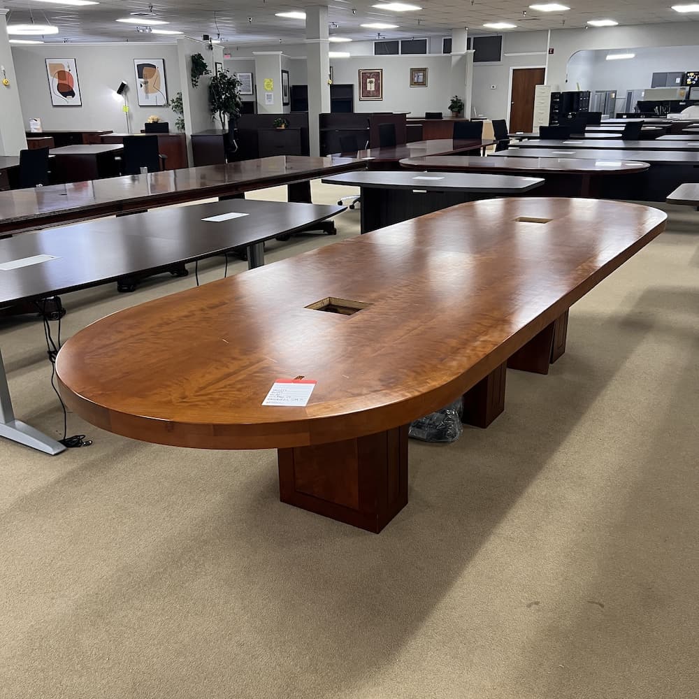 walnut racetrack conference table, veneer wood, used office furniture