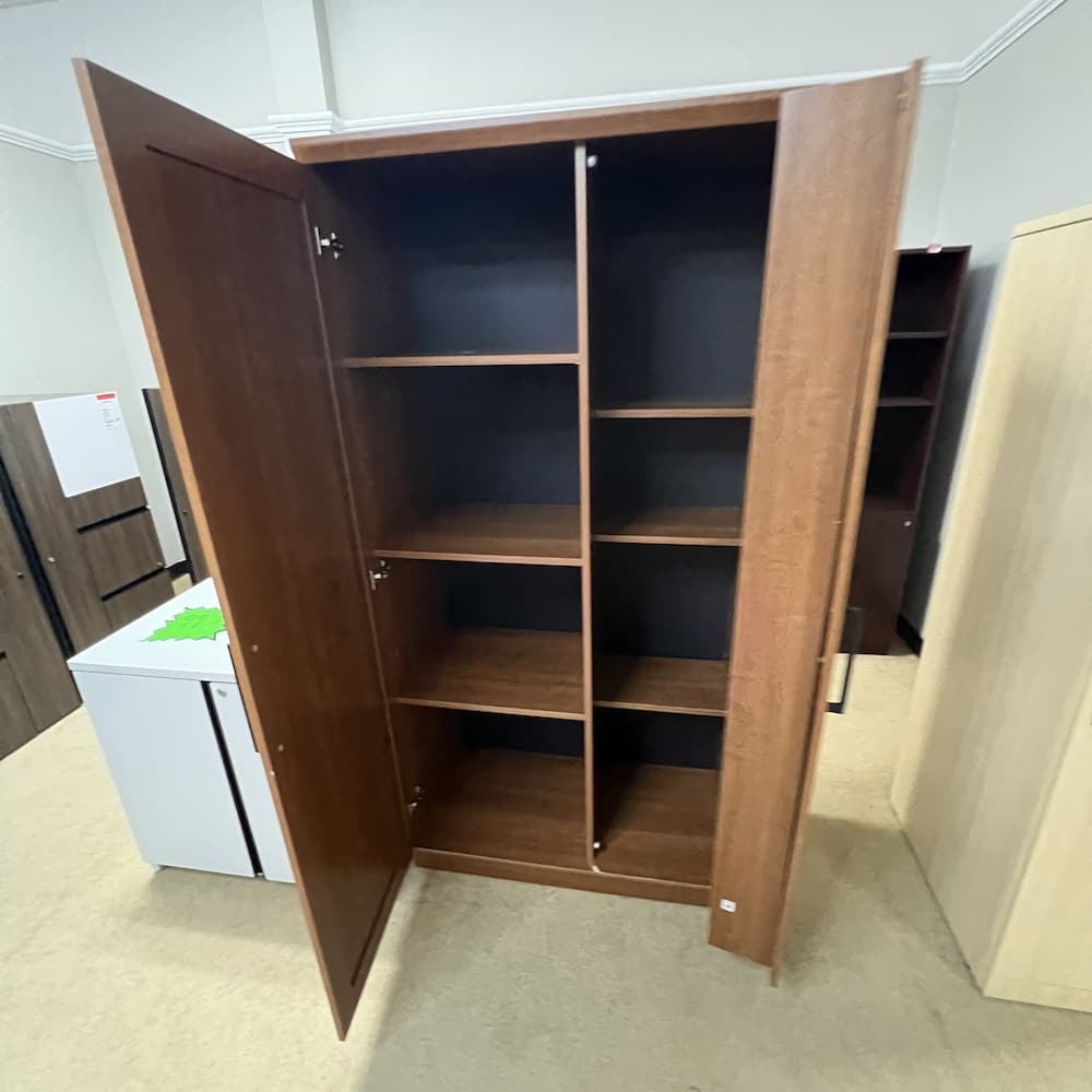walnut storage cabinet with shelves on the doors, two doors, used storage, used furniture