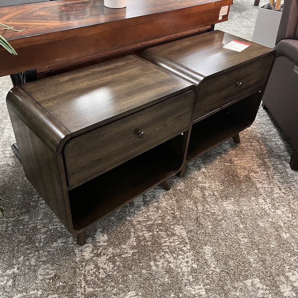 walnut veneer night stand, set of two, 1 drawer with light, open box scratch n dent home furniture