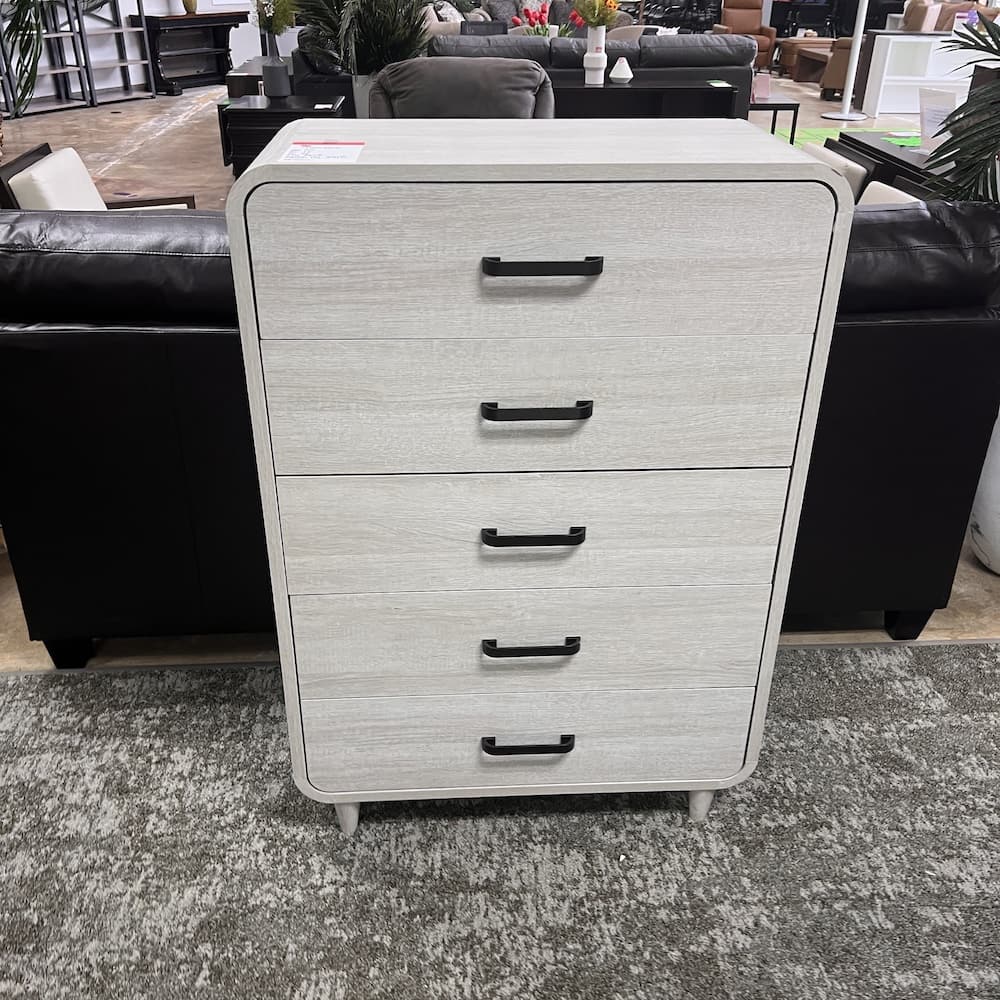 6 drawer dresser cabinet with rounded corners and black pulls, open box home furniture, scratch n dent