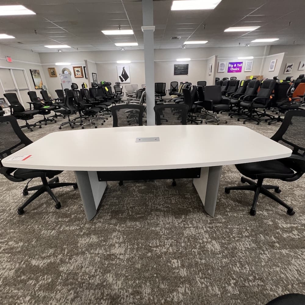 white laminate 8 ft boat shaped conference table with elliptical base, used office furniture