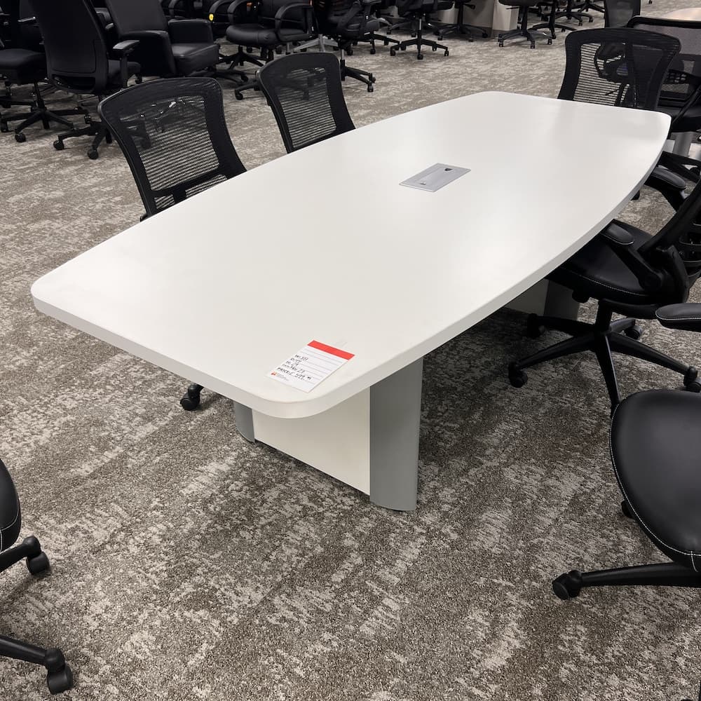 white laminate 8 ft boat shaped conference table with elliptical base, used office furniture