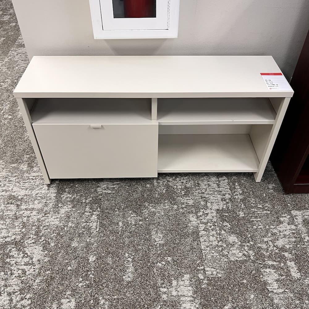 beige off white metal laminate credenza with sliding door, storage cabinet, used office furniture
