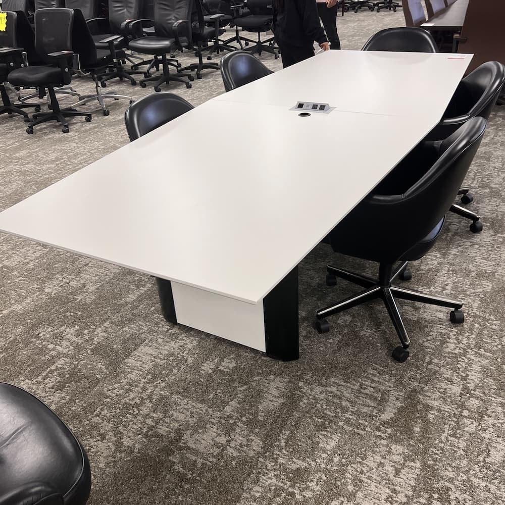 white laminate 10 ft conference table with elliptical base, open box scratch and dent, used office furniture