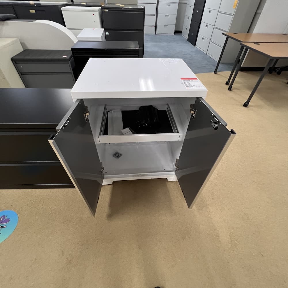 white and grey metal 2 door storage cabinet, new age pro garage, open box furniture