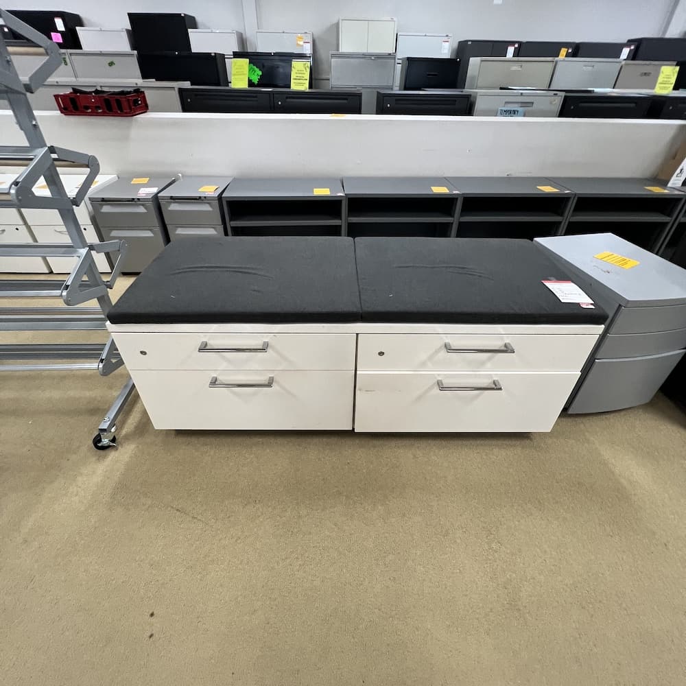 white metal and grey upholstered cushion lateral file cabinet, used steelcase, office furniture storage