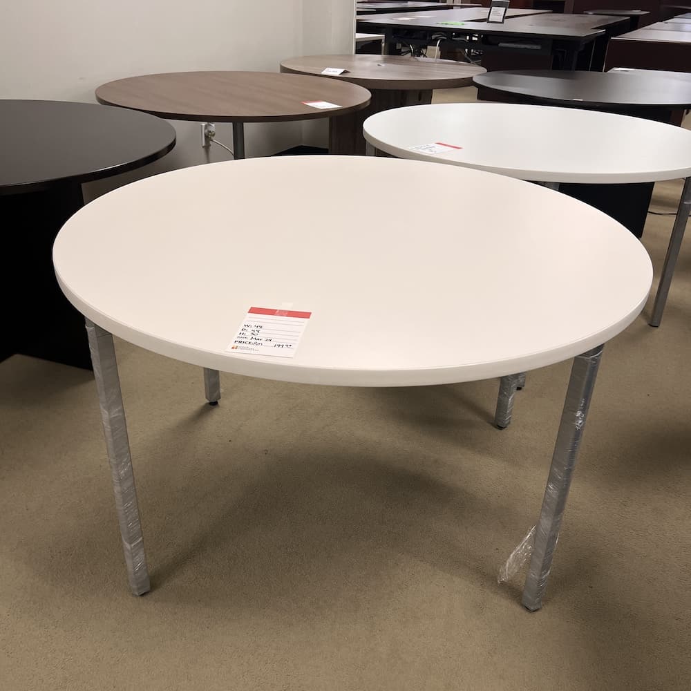 white laminate 48" round break room table with grey metal legs, used office furniture