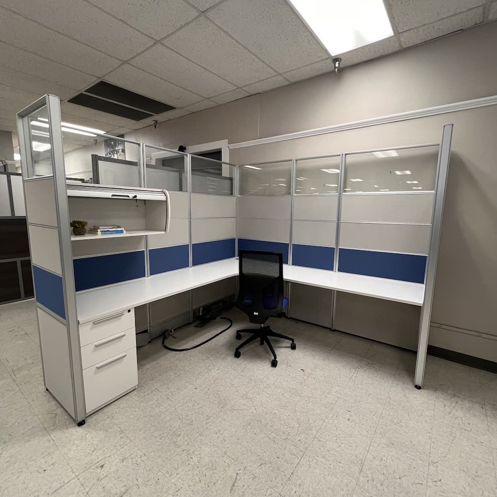 white laminate and silver aluminum with blue accent panel, used office cubicles, used office furniture, sunline