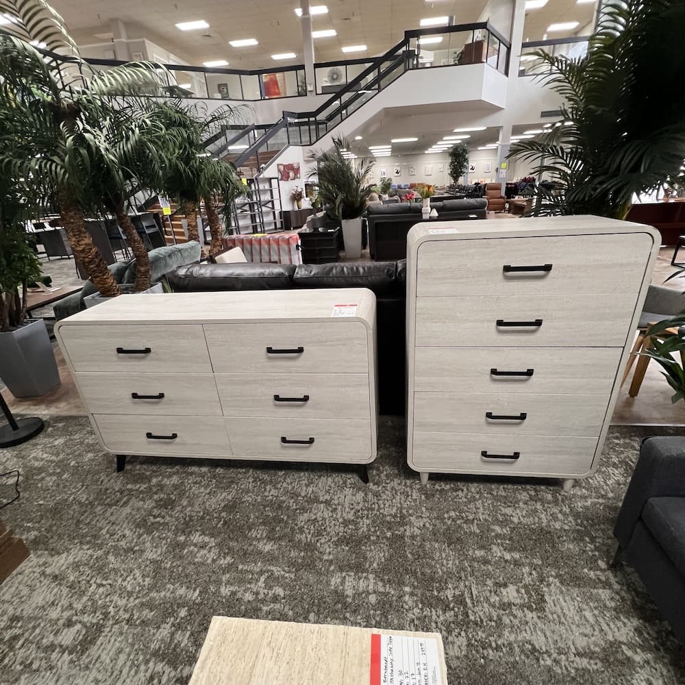 6 drawer dresser cabinet with rounded corners and black pulls, open box home furniture, scratch n dent