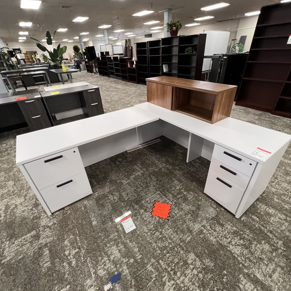 walnut and white laminate national office furniture L-desk reception with storage credenza cabinet, used office furniture, commercial furniture