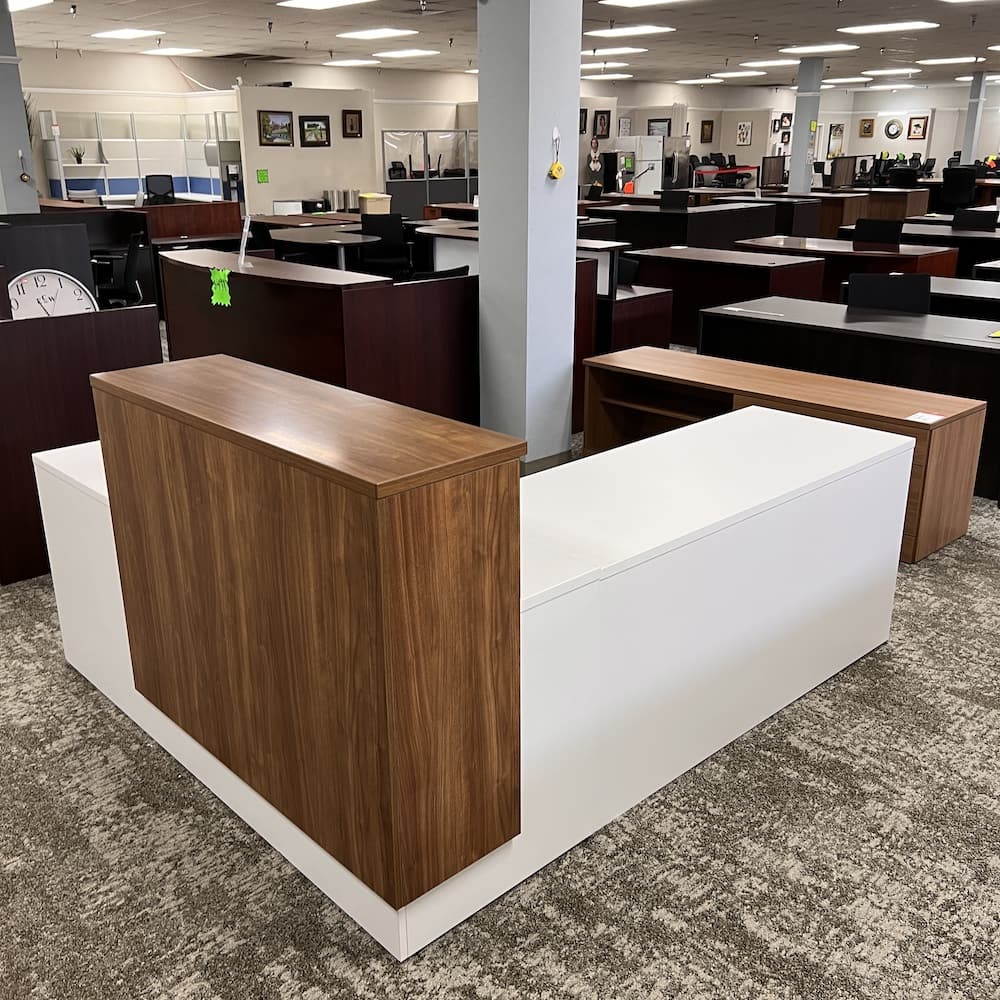 walnut and white laminate national office furniture L-desk reception with storage credenza cabinet, used office furniture, commercial furniture