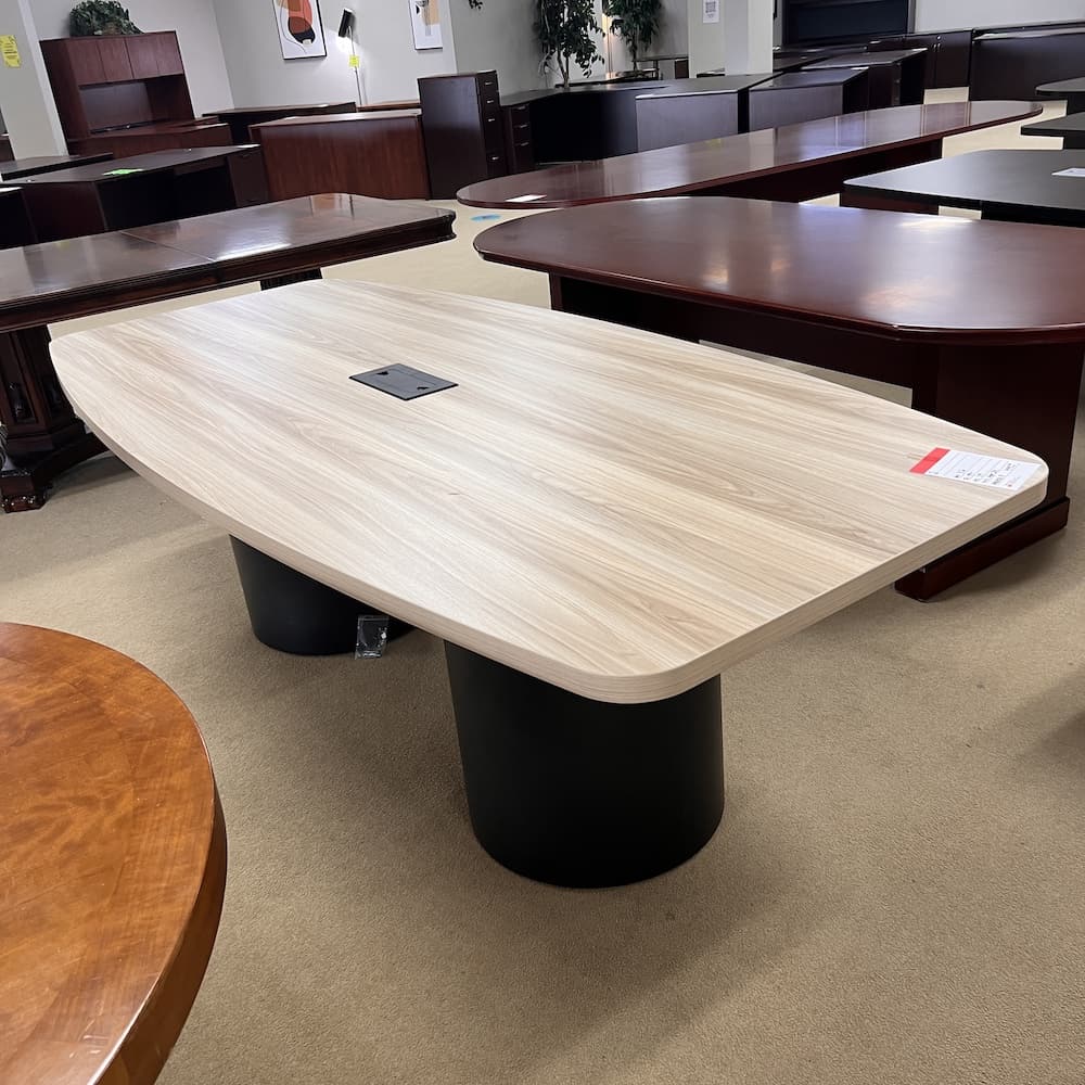 american elm 8 ft bow front table, conference, used office furniture, black base