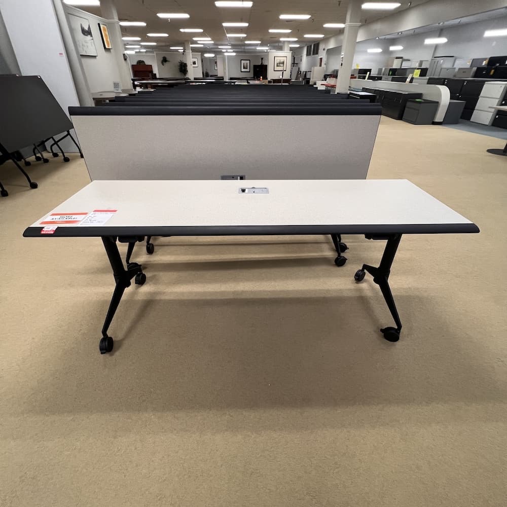 OFS beige laminate training tables with black base and edging, 72 x 24, used office furniture, contract