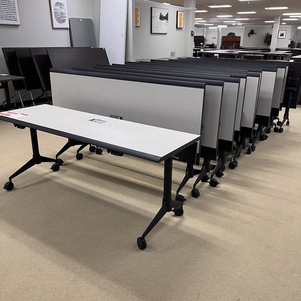 OFS beige laminate training tables with black base and edging, 72 x 24, used office furniture, contract
