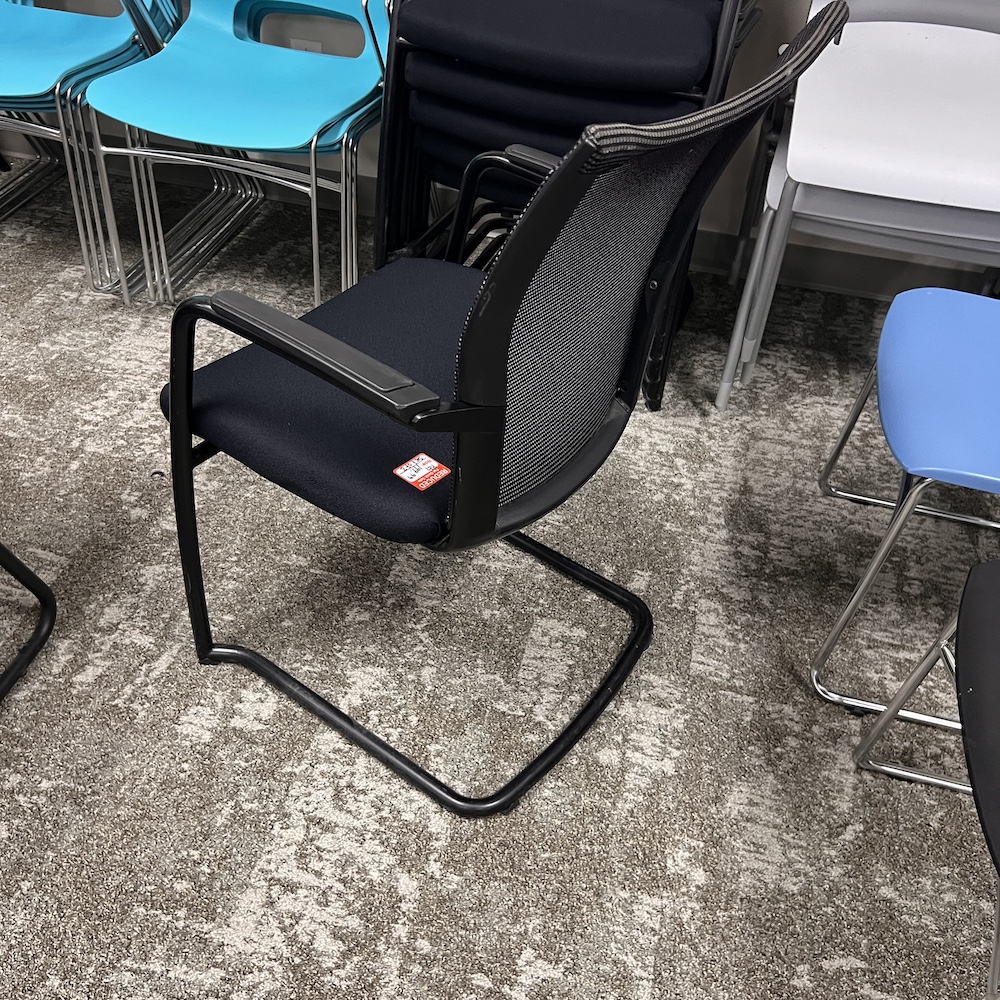black mesh back sled guest chair, stacking chair, used office furniture, haworth x99