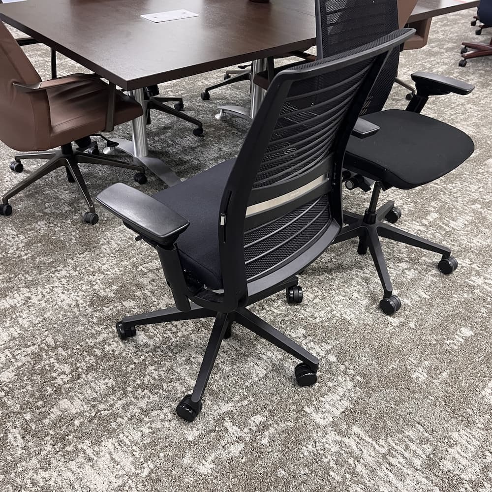 black upholstered seat and mesh back steelcase leap think v2 task chair, used office furniture