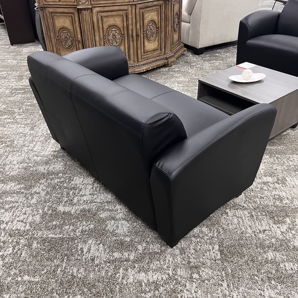 black vinyl two seater loveseat sofa couch, open box seating, commercial lounge reception furniture, office, Manhattan modern couch sofa