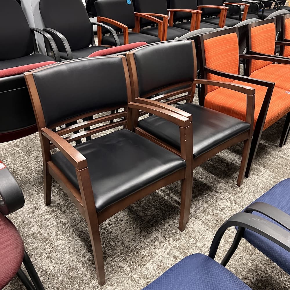 Kimball national furniture used guest chair, black vinyl with mahogany base frame, used office furniture