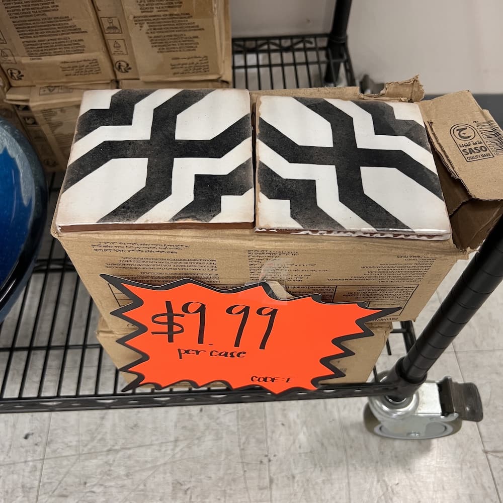 Harmony 5" x 5" tile for floor or wall, black and white geometric patterned, used home materials