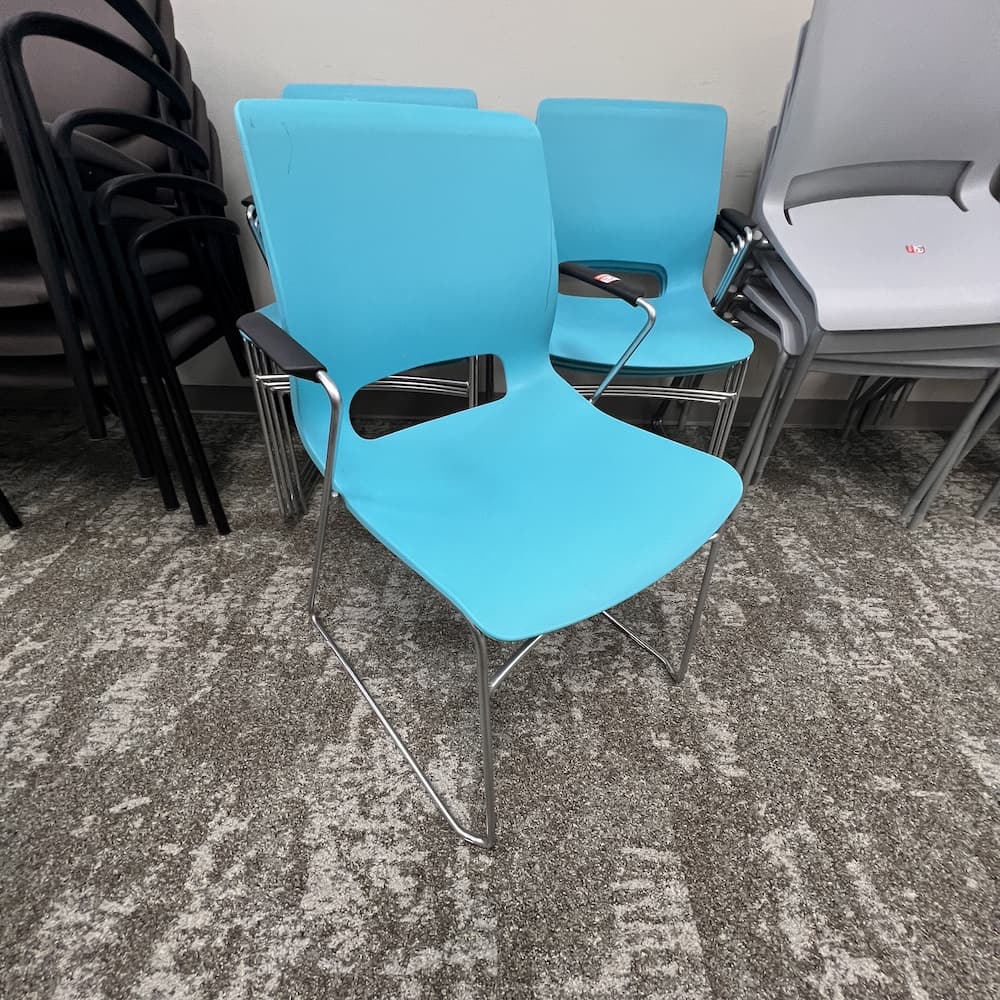 hon high density stacking chair, motivate blue aqua plastic seat, arms, used office furniture