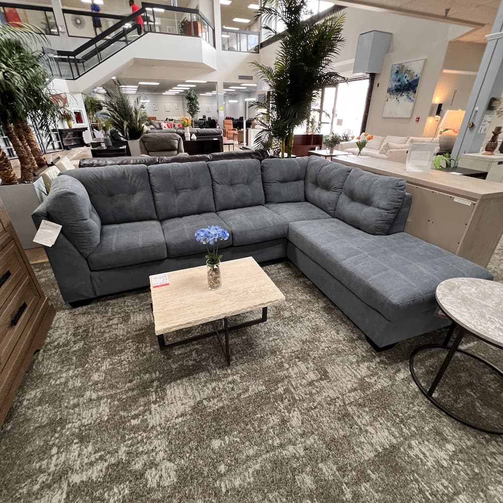 blue denim look fabric Ashley furniture l-shaped sectional sofa, scratch n dent home furniture