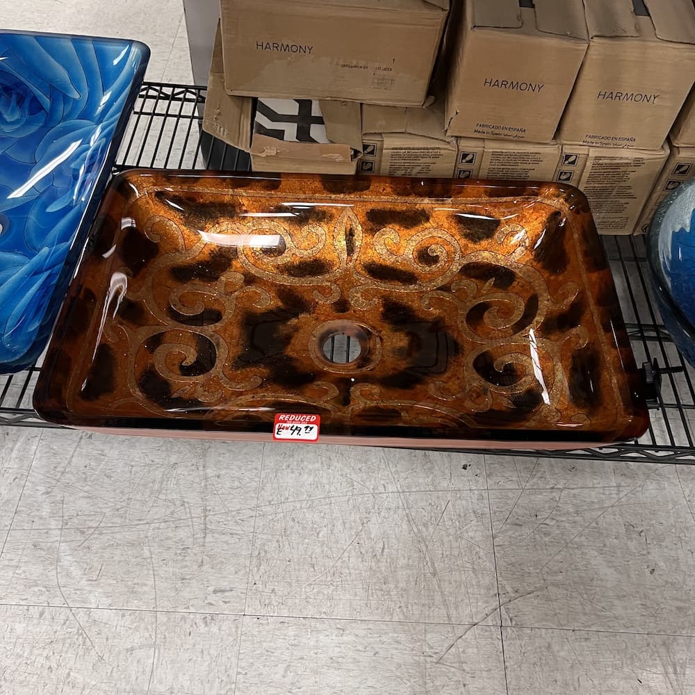 blue and grey glass rectangle vessel sink