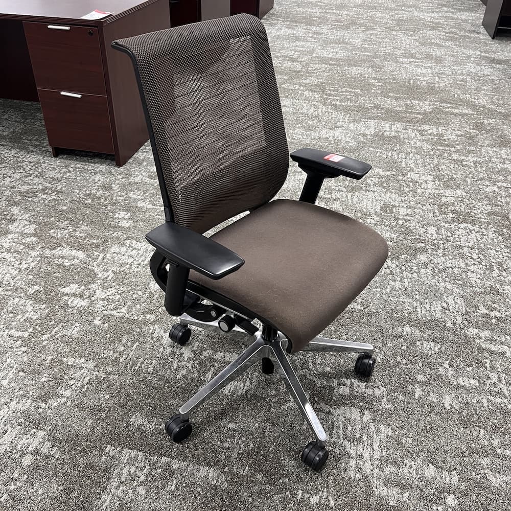 v1 brown upholstered 3d mesh back steelcase think task chair, used office furniture
