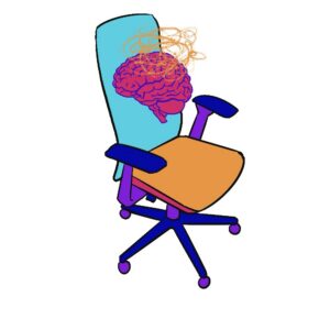 cheap chair headaches: illustration of an office chair with brain and squiggles above the brain