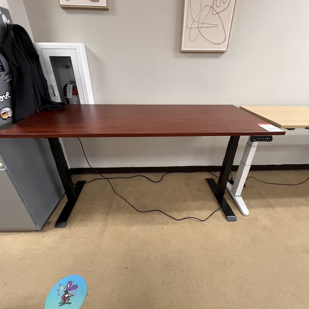 cherry laminate 72 x 30 height adjustable desk with black legs, programmable, open box office furniture