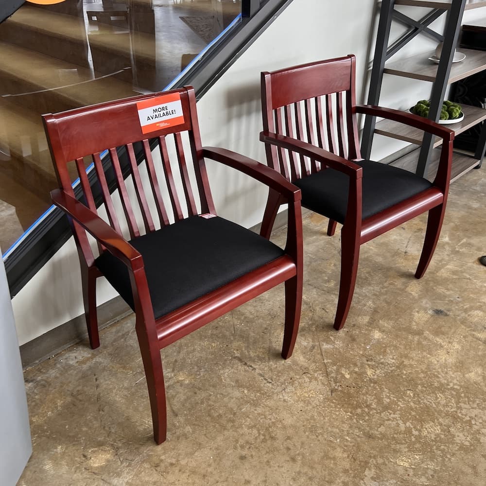 cherry veneer wood chairs with black upholstered seat, used office furniture
