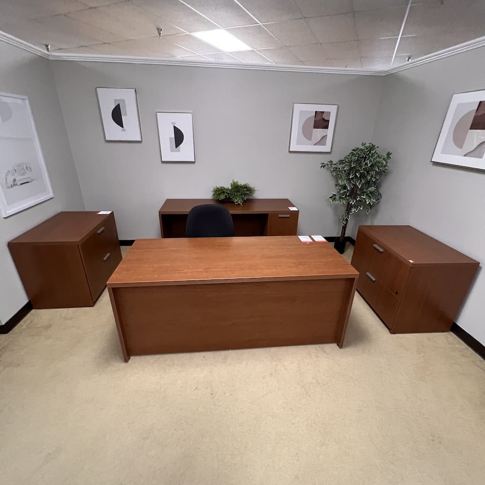 cherry laminate set steelcase set, desk credenza and 2 lateral file cabinets, used office furniture