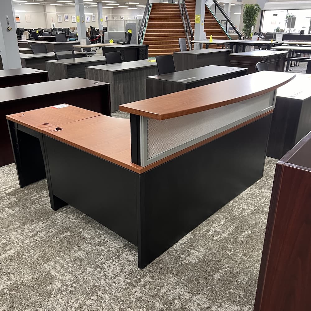 cherry nd black laminate l-desk reception, teknion, used office furniture