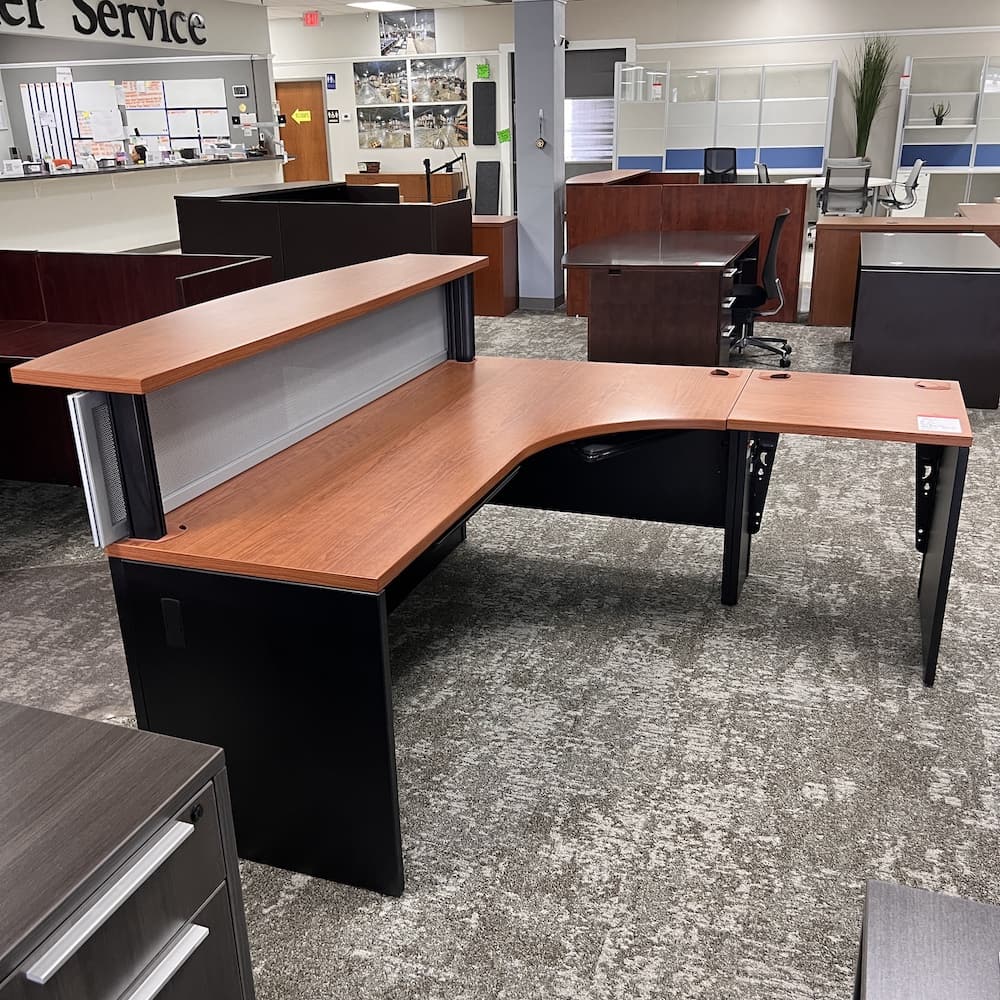 cherry nd black laminate l-desk reception, teknion, used office furniture