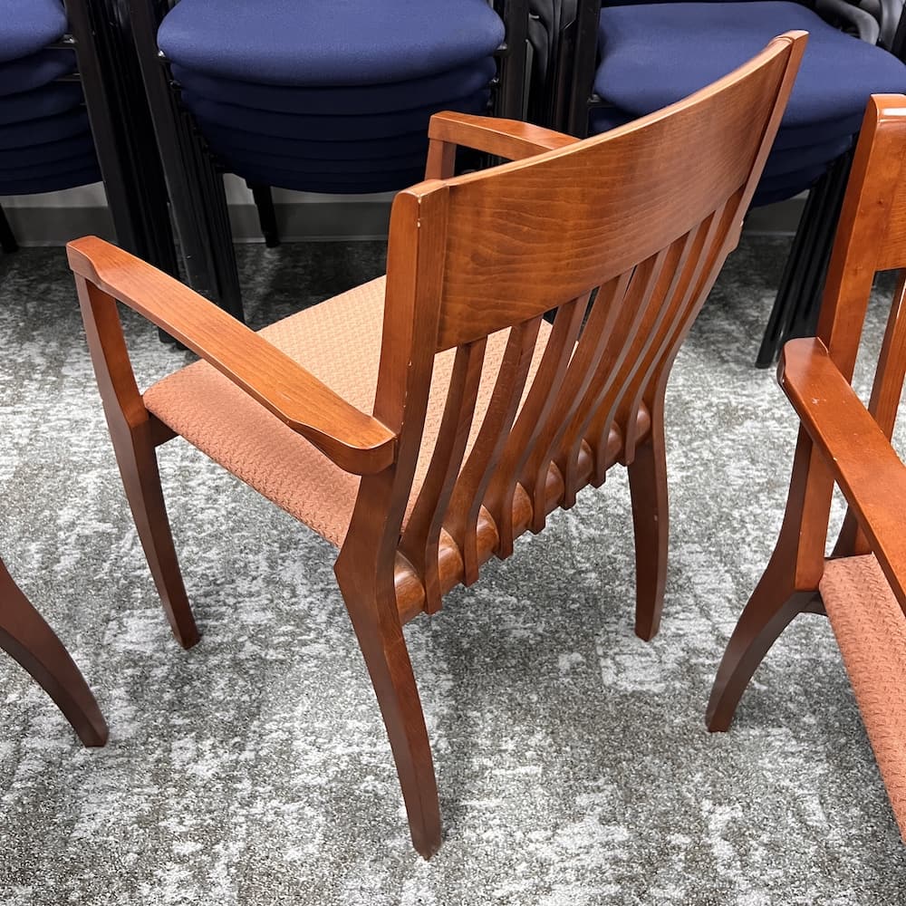 cherry veneer wood and coral orange upholstered seat, guest chair, slat back, used office furniture, reception lounge area